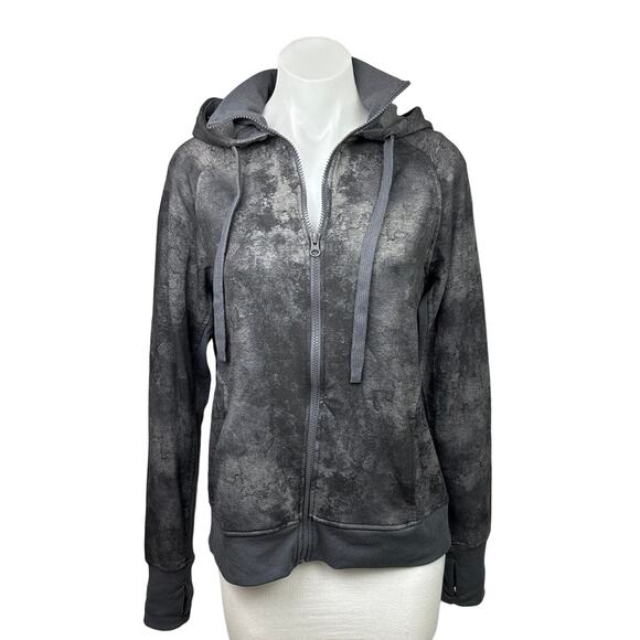 Danskin Grey Tie Dye Marble Print Collar Zip Hooded Athletic Jacket Sweater Top - Picture 1 of 7